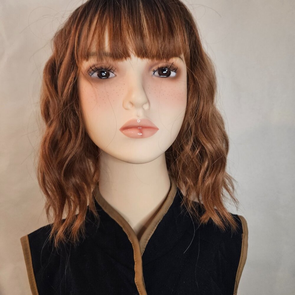 Multi-Tone Reddish Brown 13" Bob(LOB) Synthetic Wig w Tousled Waves Blunt Bangs